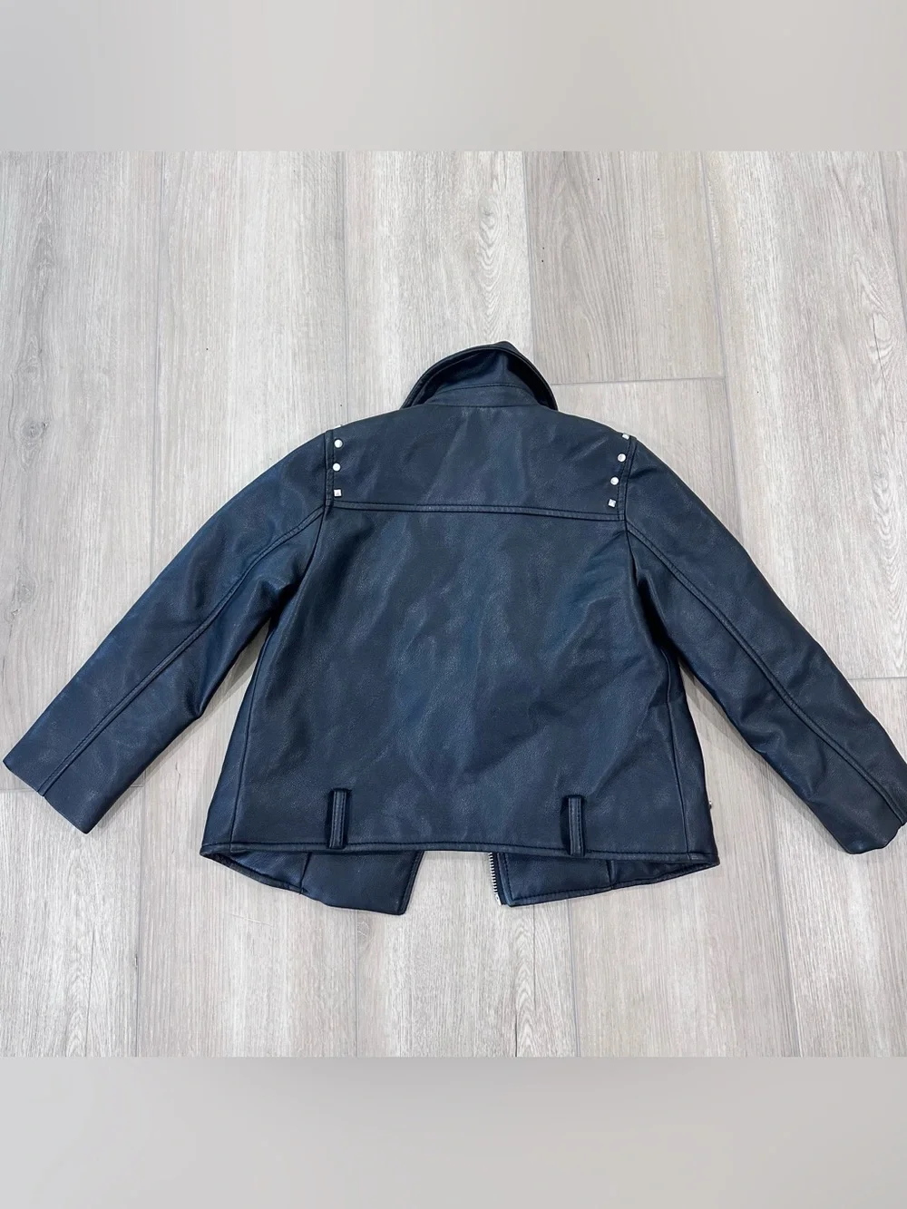 Zara outwear moto biker faux leather studded fringe jacket girls size 6 black